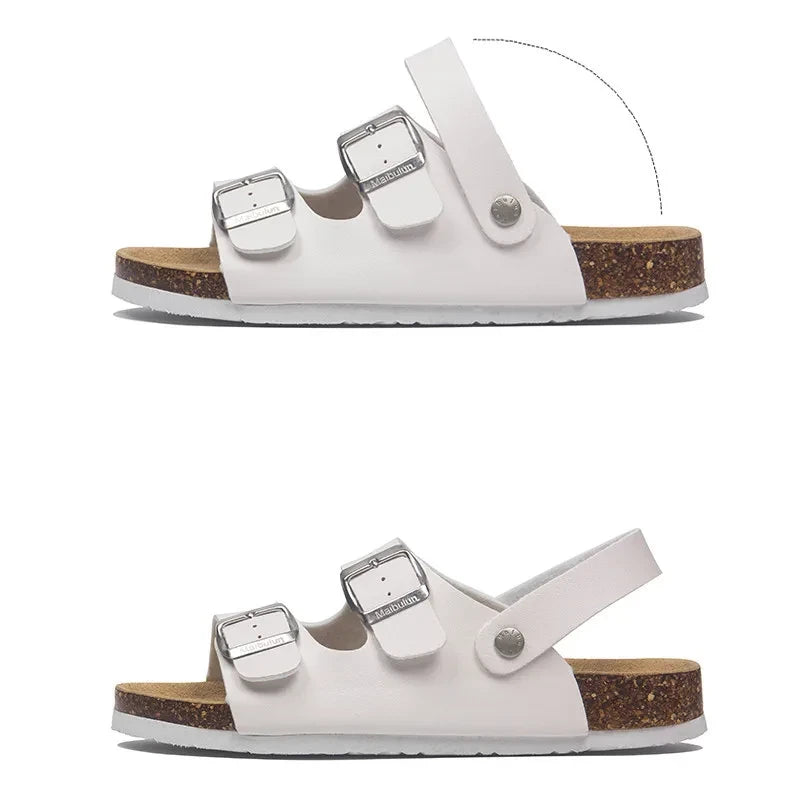 Sandalias de Ante con Tachas — Doble Hebilla, Suela de Corcho, Burdeos para Mujer