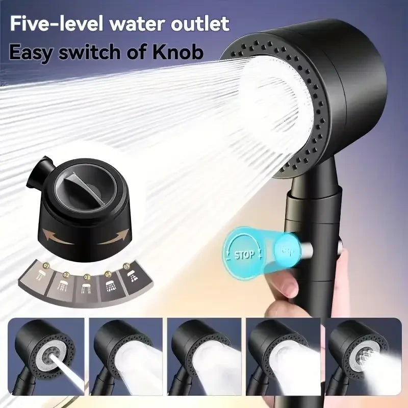 Cabezal de Ducha Turbo con Filtro — 3 Modos, Botón de Pausa, Manguera 1.5m + 5 Filtros