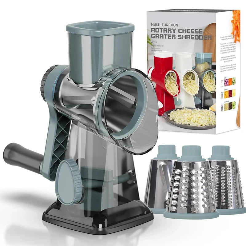 Rotary Cheese Grater Manual Hand Crank 3-In-1 Vegetable Shredde | Finger-Safe Design, Stainless Steel Drums, Suction Base. Perfect for Cheese, Vegetables, Nuts & Chocolate. Easy to Clean