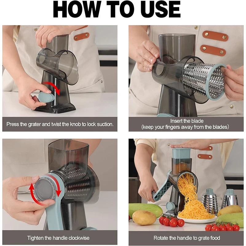 Rotary Cheese Grater Manual Hand Crank 3-In-1 Vegetable Shredde | Finger-Safe Design, Stainless Steel Drums, Suction Base. Perfect for Cheese, Vegetables, Nuts & Chocolate. Easy to Clean