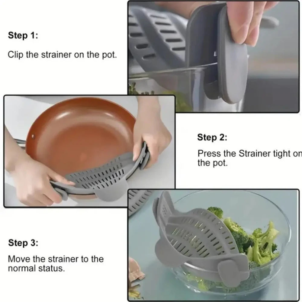 Colador de Olla con Clip — Escurridor de Silicona para Pasta y Verduras, Resistente al Calor