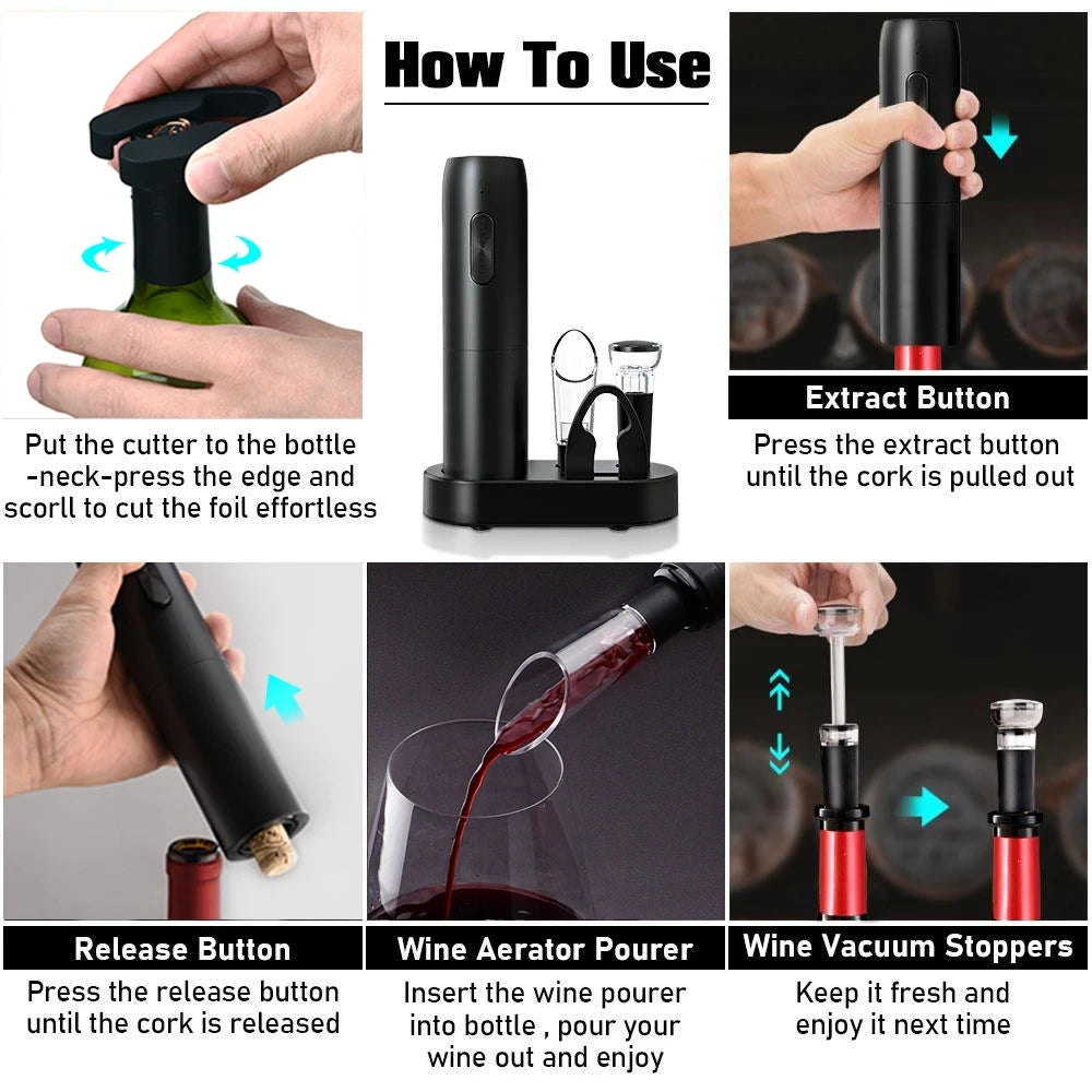 Electric Wine Bottle Opener Kit with Foil Cutter – One-Touch Automatic Corkscrew, Battery Operated, for Party, Travel & Gifts