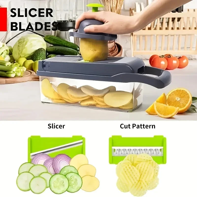 Picador de Verduras 16 en 1 con Contenedor — Corta, Rebana, Ralla y Pela Manual (Acero Inox)