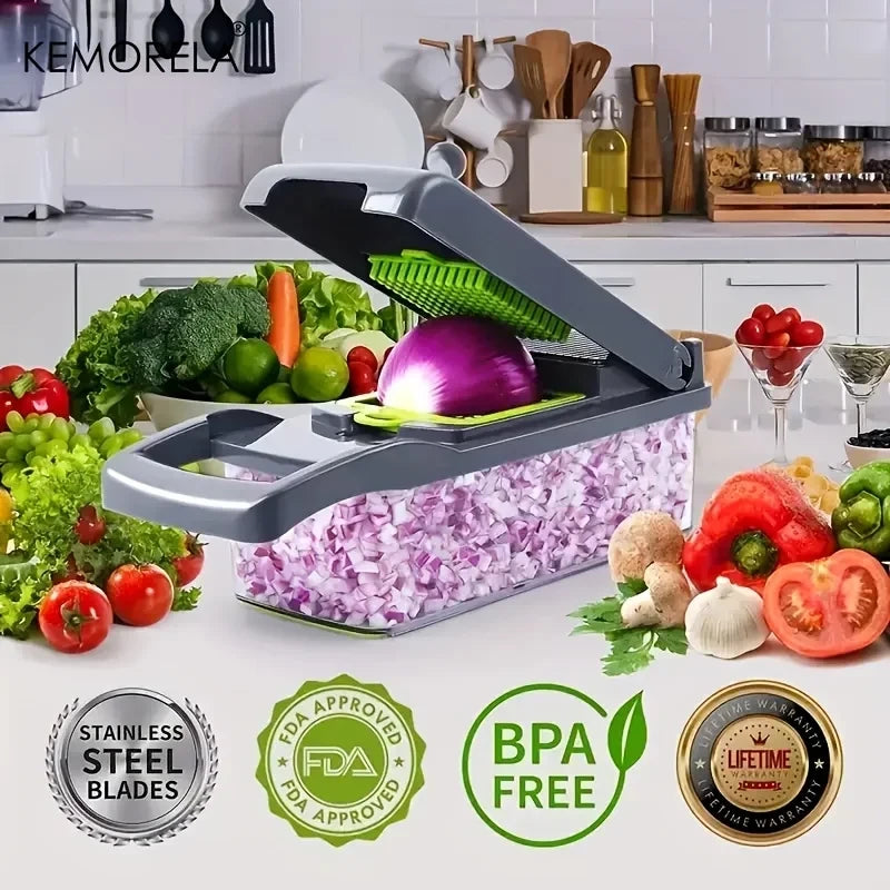 Picador de Verduras 16 en 1 con Contenedor — Corta, Rebana, Ralla y Pela Manual (Acero Inox)