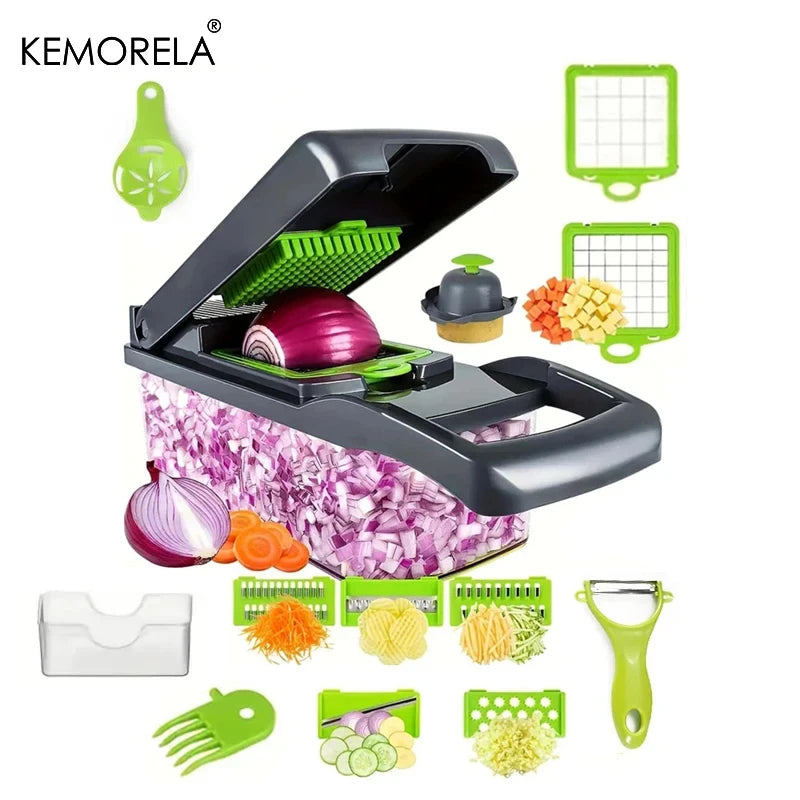 Picador de Verduras 16 en 1 con Contenedor — Corta, Rebana, Ralla y Pela Manual (Acero Inox)
