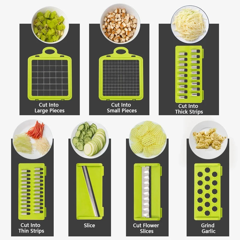 Picador de Verduras 16 en 1 con Contenedor — Corta, Rebana, Ralla y Pela Manual (Acero Inox)