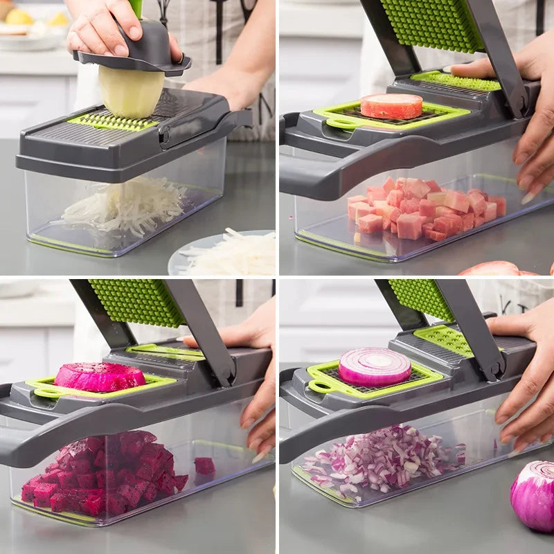 Picador de Verduras 16 en 1 con Contenedor — Corta, Rebana, Ralla y Pela Manual (Acero Inox)