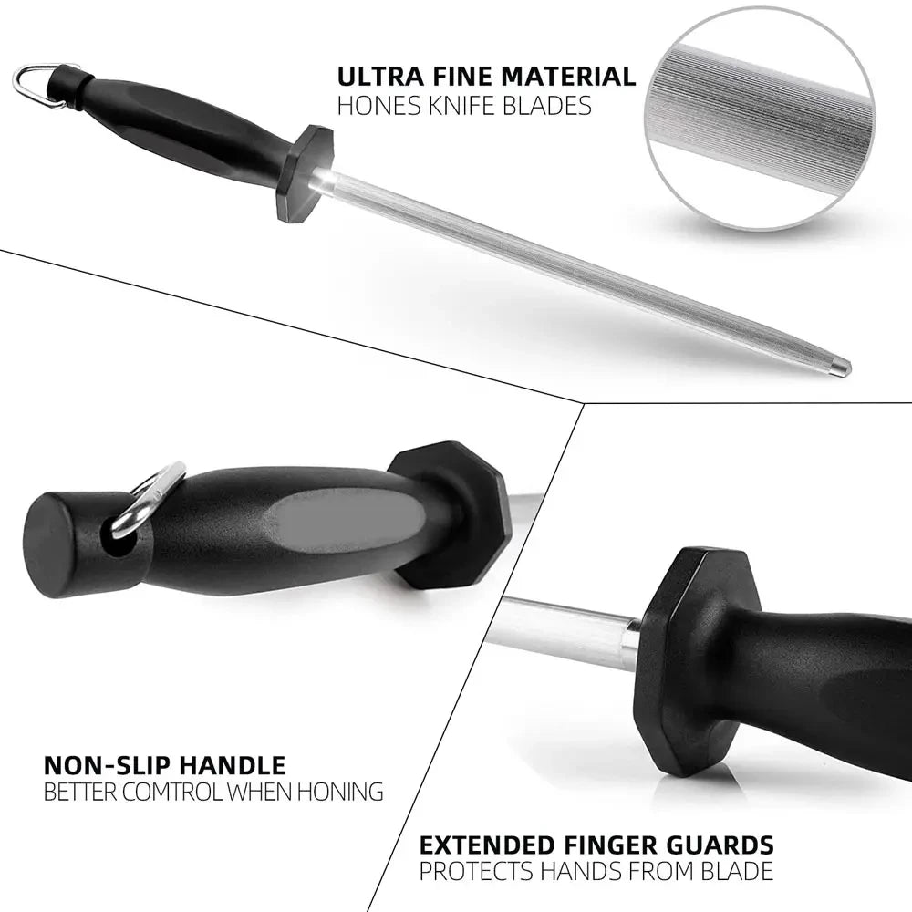 Knife Sharpener Honing Rod 12 Inch – High-Carbon Steel Sharpening Stick for Chef & Kitchen Knives, Anti-Roll Base with Hanging Hook