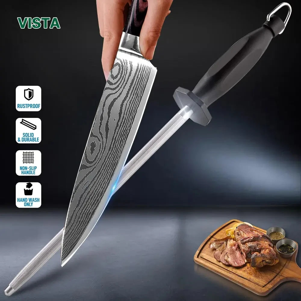 Knife Sharpener Honing Rod 12 Inch – High-Carbon Steel Sharpening Stick for Chef & Kitchen Knives, Anti-Roll Base with Hanging Hook