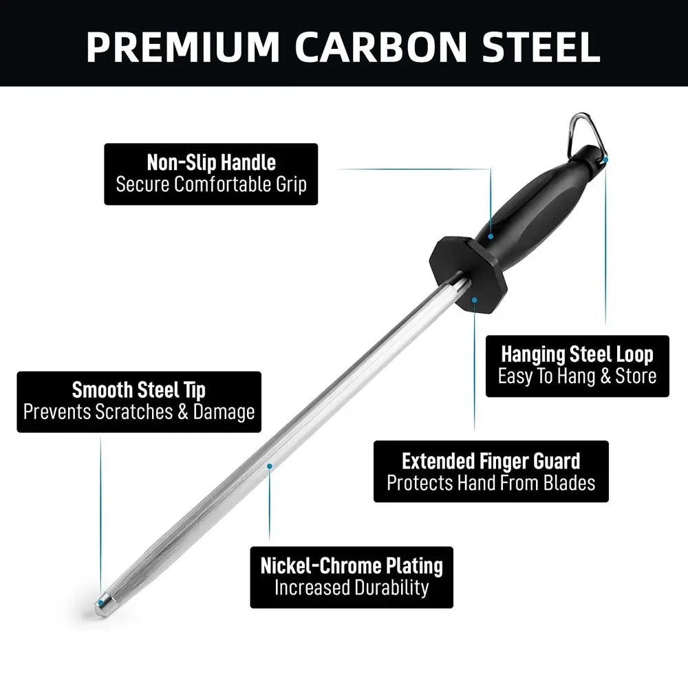 Knife Sharpener Honing Rod 12 Inch – High-Carbon Steel Sharpening Stick for Chef & Kitchen Knives, Anti-Roll Base with Hanging Hook
