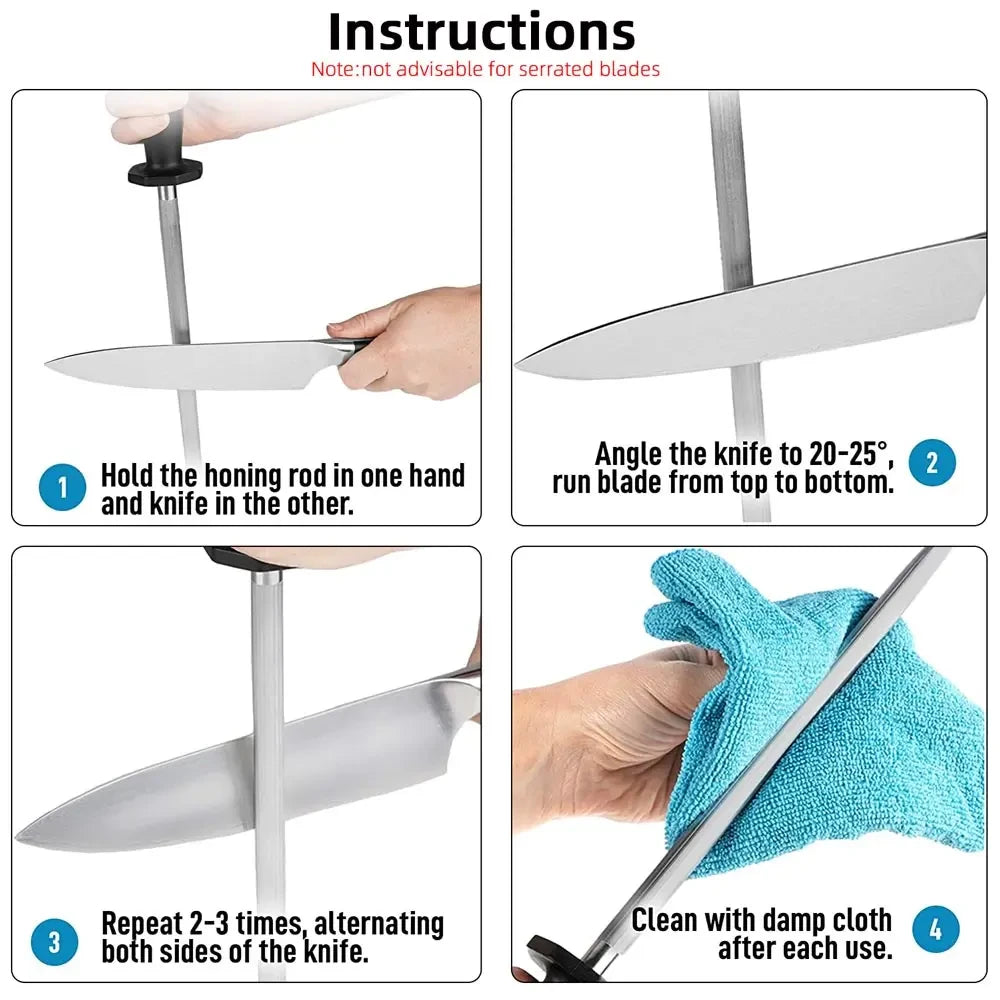 Knife Sharpener Honing Rod 12 Inch – High-Carbon Steel Sharpening Stick for Chef & Kitchen Knives, Anti-Roll Base with Hanging Hook