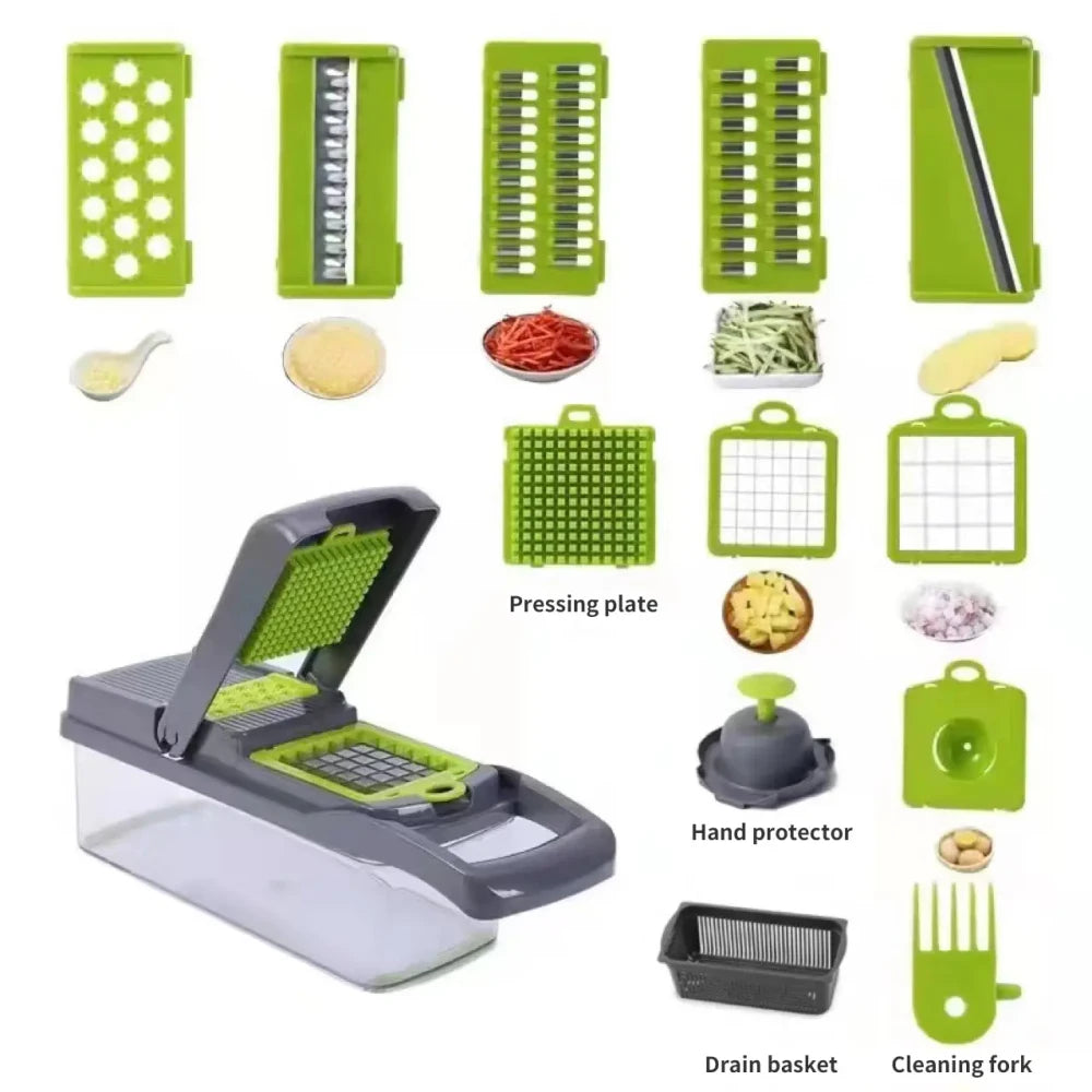 Picador de Verduras 14 en 1 con Contenedor - Corta, Ralla y Rebana sin Electricidad