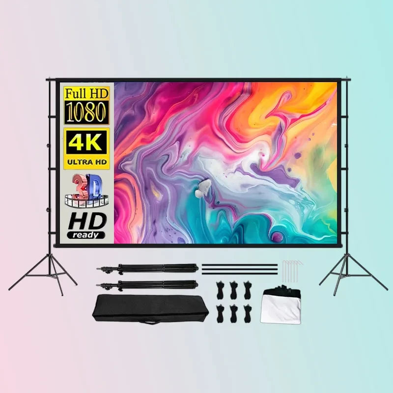100inch/120inch Options Projector Screen With Stand 16:9 4K HD Rear Front Wrinkle-Free Portable And Foldable Movie Screen With Carry Bag For Indoor Outdoor Home Theater Backyard Cinema