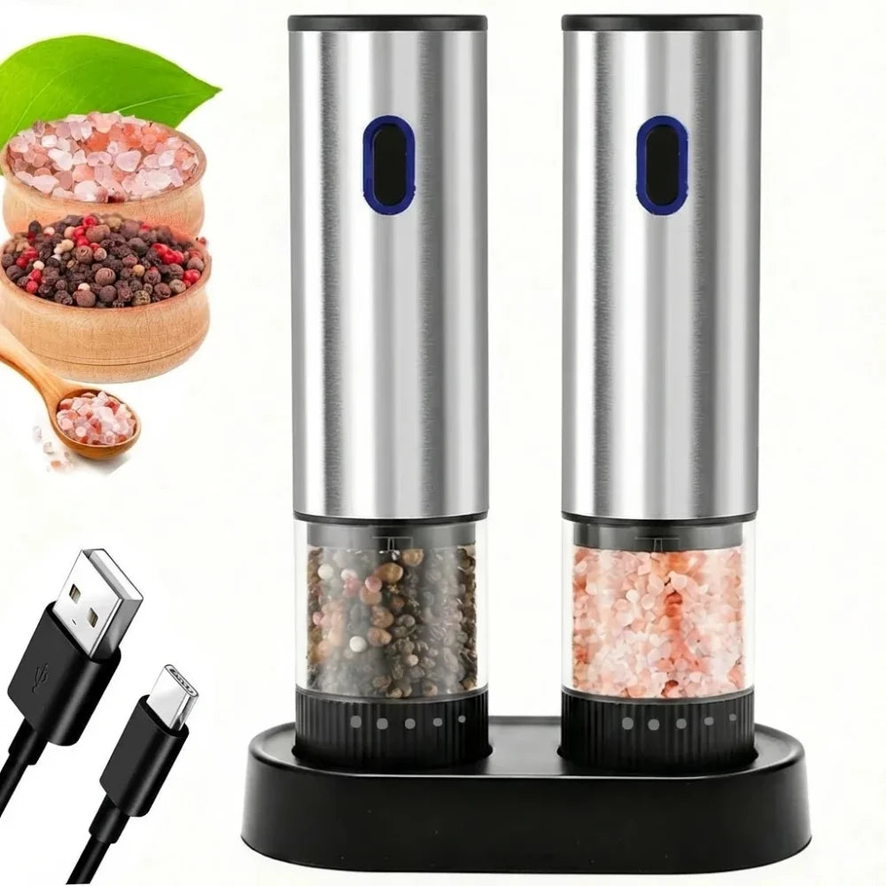 Molinillo Eléctrico de Sal y Pimienta por Gravedad (Set 2) — Automático 1 Mano, Luz LED, Ajustable