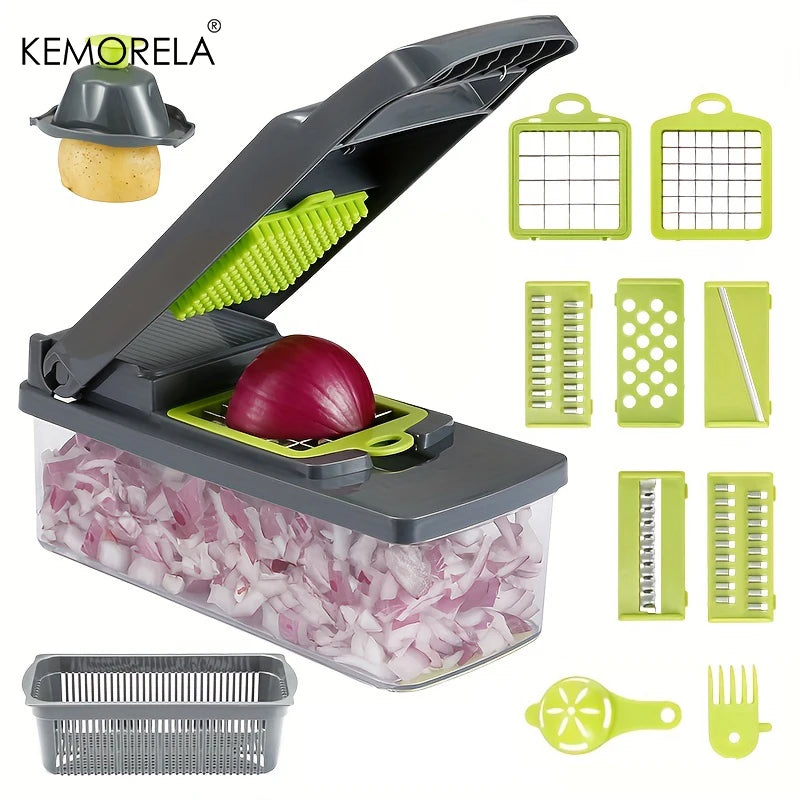 14-in-1 Manual Vegetable Chopper with 900ml Container | Onion Dicer, Garlic Press, Stainless Steel Blades & Tearless BPA-Free Bowl