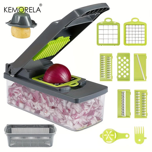 14-in-1 Manual Vegetable Chopper with 900ml Container | Onion Dicer, Garlic Press, Stainless Steel Blades & Tearless BPA-Free Bowl