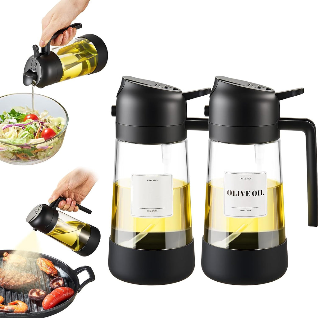 Oil Dipenser Bottle with Silicone Bottom, 2 in 1 Olive Oil Sprayer and Dispenser, Oil Spray Bottle 470ML/ 16OZ for Cooking, Kitchen, BBQ, Air Fryer, Salad, Baking(1Pc Black)