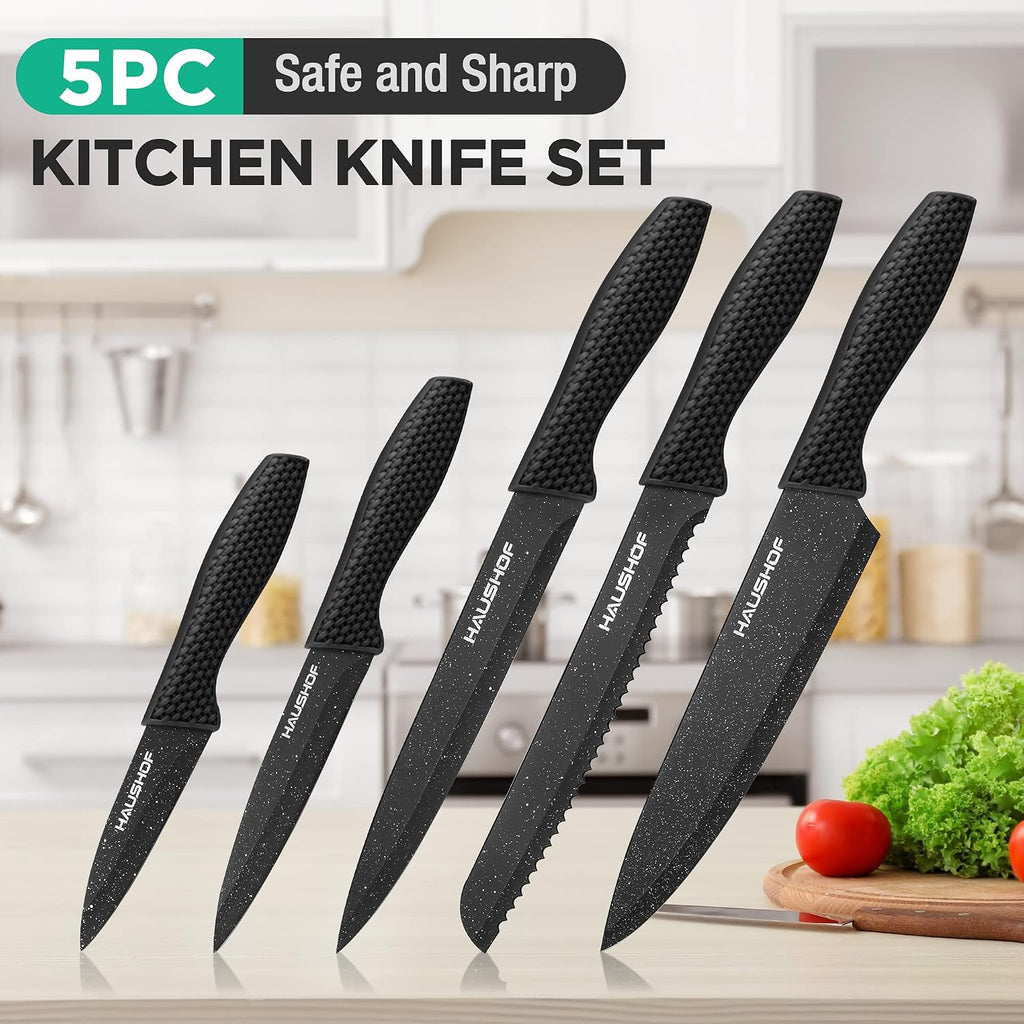 Kitchen Knife Set, 5 PCS Knife Sets with Arcylic Block, Teflon Coated Black Knives Set for Kitchen, Premium Stainless Steel Knives Set with Ergonomic Handle, Great for Slicing, Dicing&Cutting