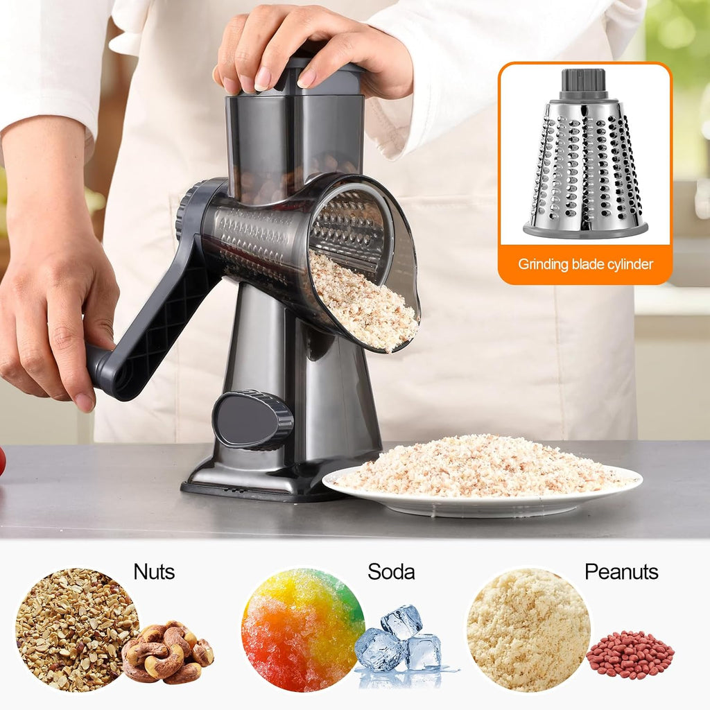 Rotary Cheese Grater Manual Hand Crank 3-In-1 Vegetable Shredde | Finger-Safe Design, Stainless Steel Drums, Suction Base. Perfect for Cheese, Vegetables, Nuts & Chocolate. Easy to Clean