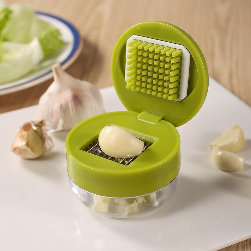 Mini Garlic Chopper and Press with Container,  Manual Garlic Mincer Crusher Cutter Grinder, Stainless Steel Blades, Handheld Garlic Slicer Dicer Zoom Tool – Green