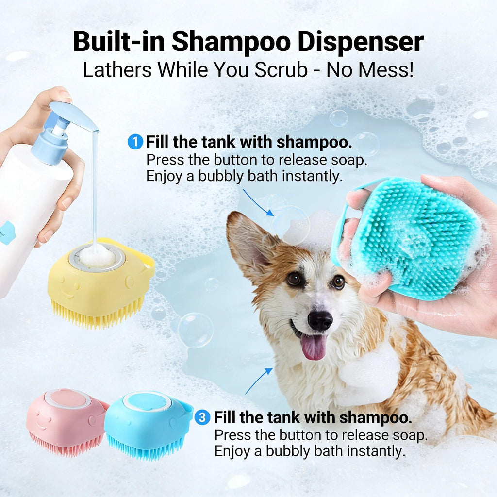 Cepillo Lavapatas de Silicona 2 en 1 para Mascotas — con Depósito de Champú, Masajeador