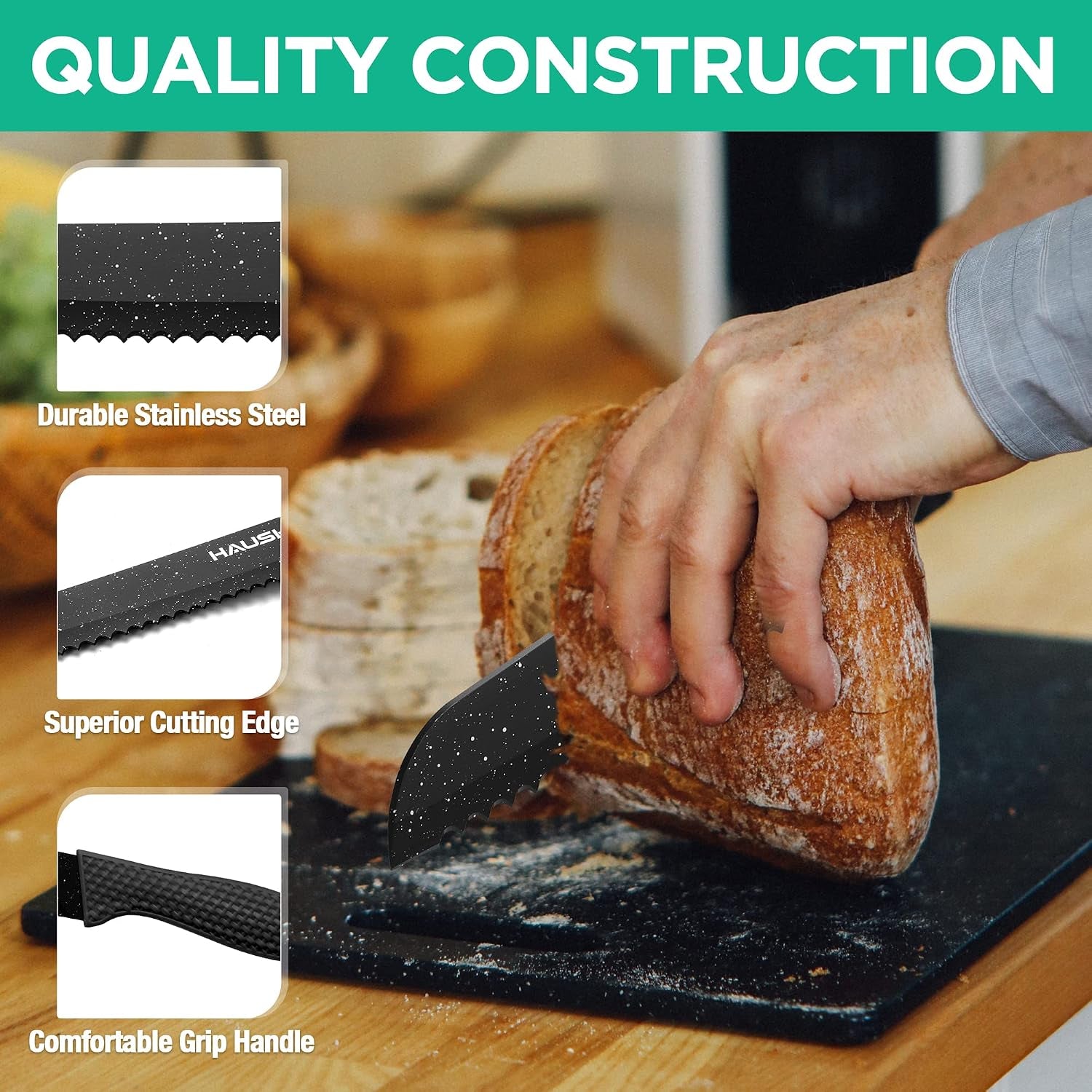 Kitchen Knife Set, 5 PCS Knife Sets with Arcylic Block, Teflon Coated Black Knives Set for Kitchen, Premium Stainless Steel Knives Set with Ergonomic Handle, Great for Slicing, Dicing&Cutting