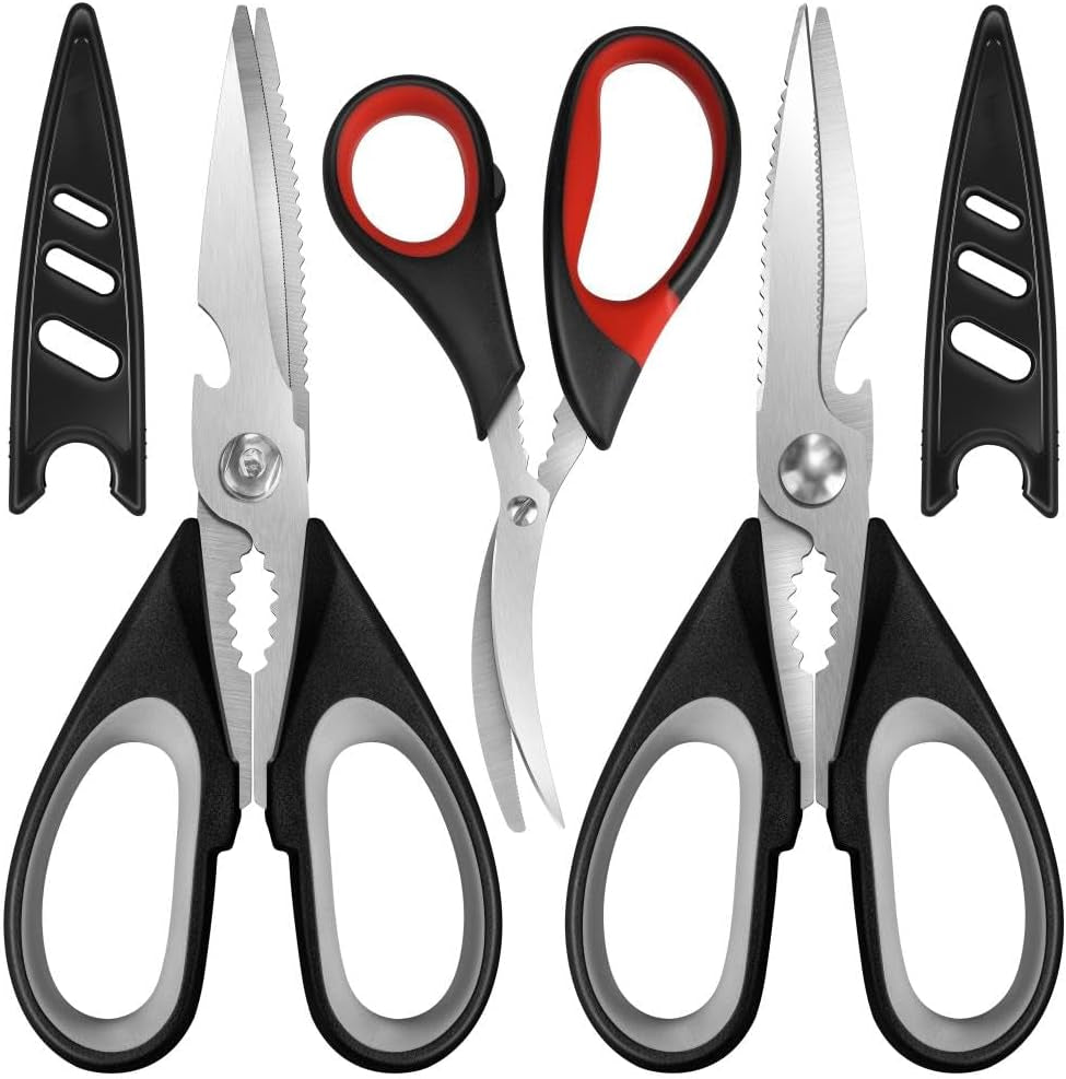 All Purpose Kitchen Shears with Protective Sheath, Heavy Duty 3 Pack Kitchen Scissors with Serrated Blade, Stainless Steel Cooking Scissors for Poultry, Food, Vegetables