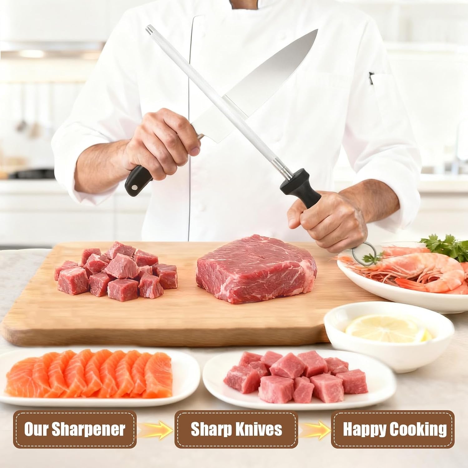 Professional 12-Inch Knife Sharpening Rod, High-Carbon Honing Rod to Sharpen the Knife Quickly, Perfect Knife Sharpener for Chefs and Home Cooks, Easy to Use & Sturdy