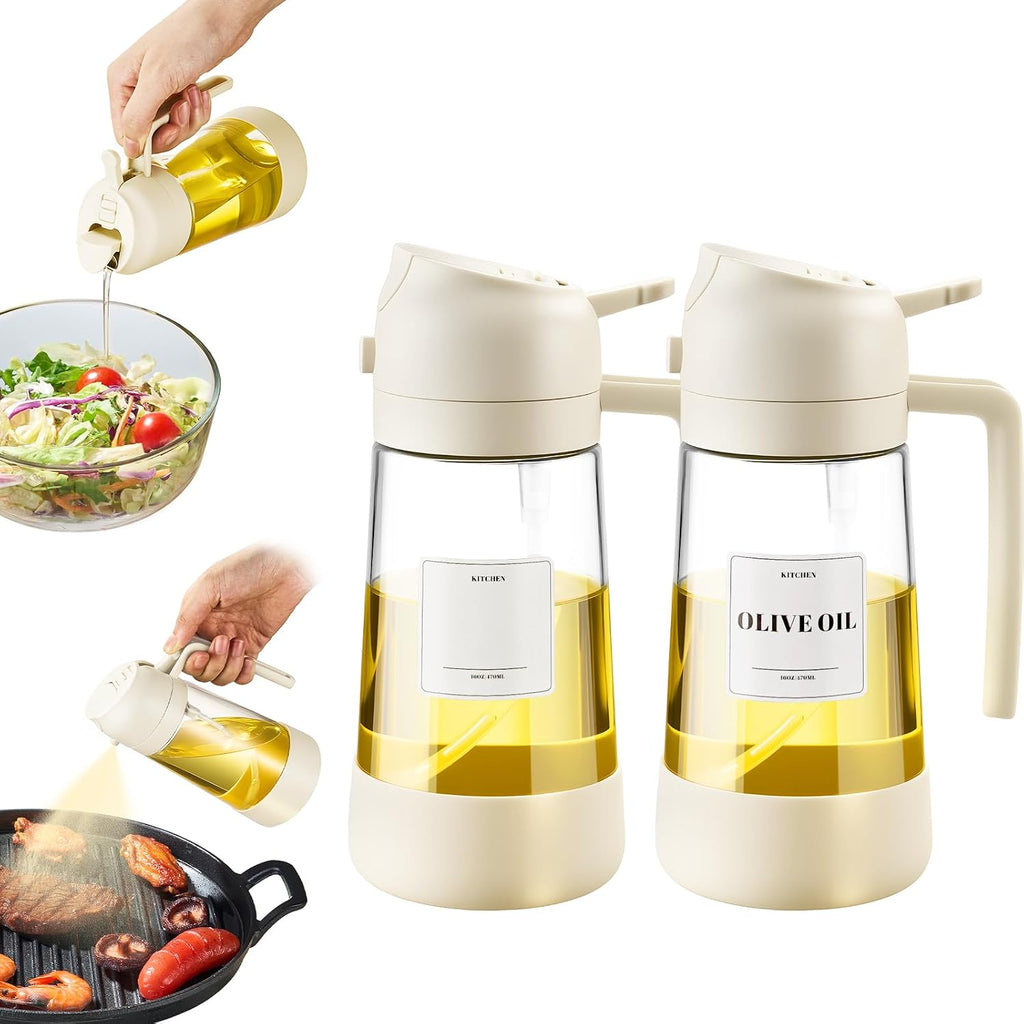 Oil Dipenser Bottle with Silicone Bottom, 2 in 1 Olive Oil Sprayer and Dispenser, Oil Spray Bottle 470ML/ 16OZ for Cooking, Kitchen, BBQ, Air Fryer, Salad, Baking(1Pc Black)