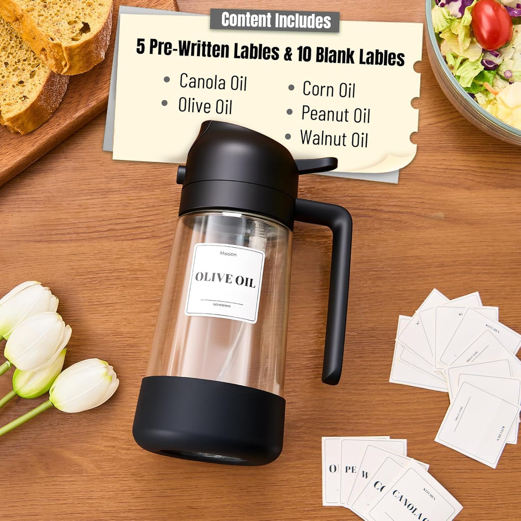 Oil Dipenser Bottle with Silicone Bottom, 2 in 1 Olive Oil Sprayer and Dispenser, Oil Spray Bottle 470ML/ 16OZ for Cooking, Kitchen, BBQ, Air Fryer, Salad, Baking(1Pc Black)