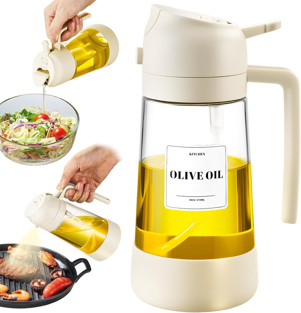 Oil Dipenser Bottle with Silicone Bottom, 2 in 1 Olive Oil Sprayer and Dispenser, Oil Spray Bottle 470ML/ 16OZ for Cooking, Kitchen, BBQ, Air Fryer, Salad, Baking(1Pc Black)
