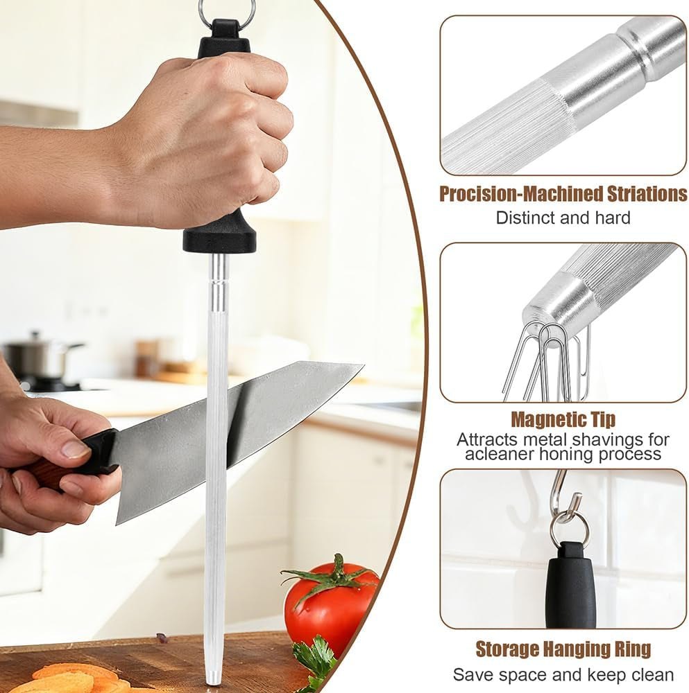 Professional 12-Inch Knife Sharpening Rod, High-Carbon Honing Rod to Sharpen the Knife Quickly, Perfect Knife Sharpener for Chefs and Home Cooks, Easy to Use & Sturdy