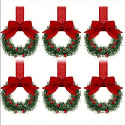 6pcs Christmas Kitchen Cabinet Mini Wreaths Hanging Ornaments With Bow & Berries, 5.12 Inch Mini Christmas Wreath Small Kitchen Xmas Decor, Artificial Hanging Garlands For Window/ Cabinet/ Chair/ Door/ Staircase