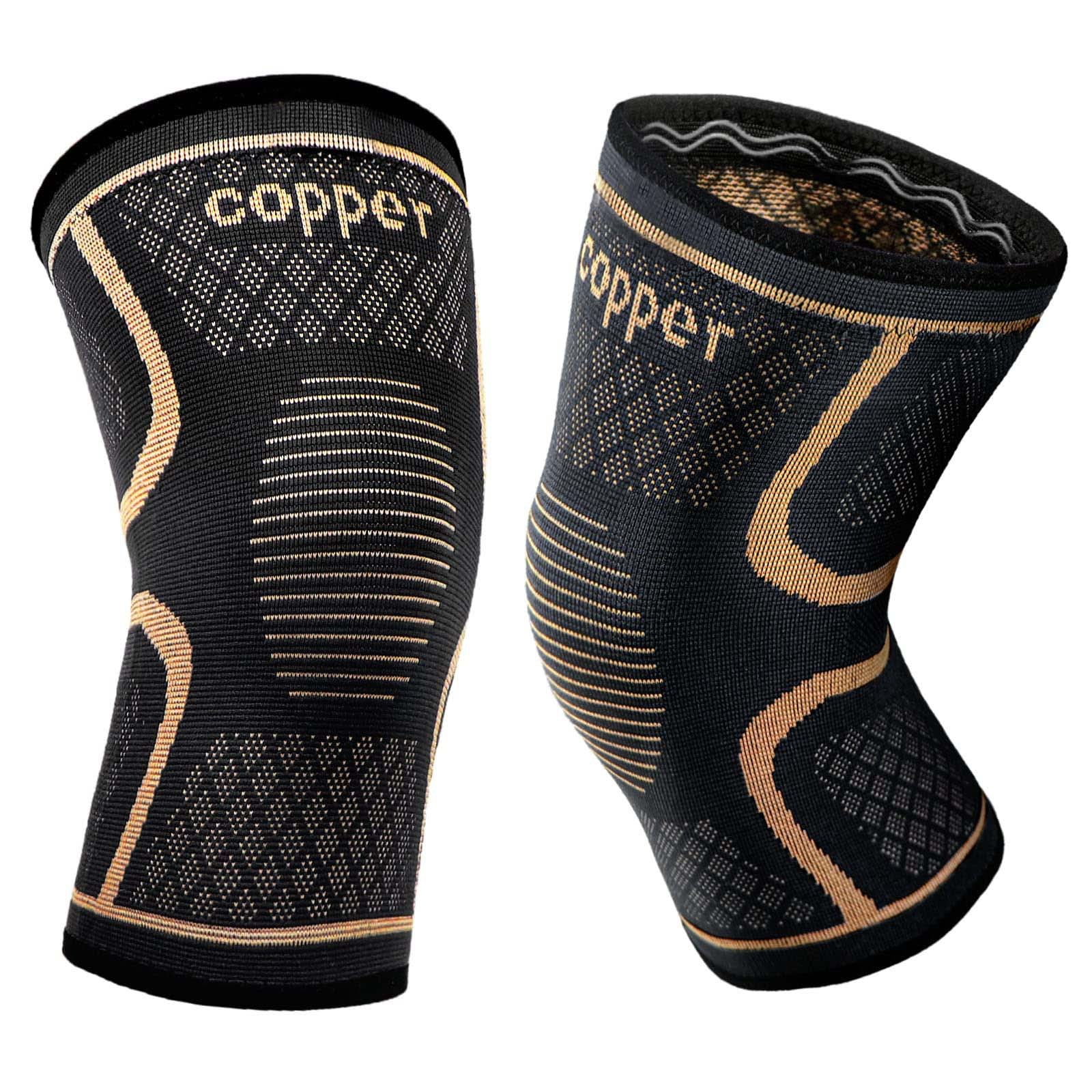 Copper knee compression sleeves pair, black and gold knit, front and inner cuff view on white background