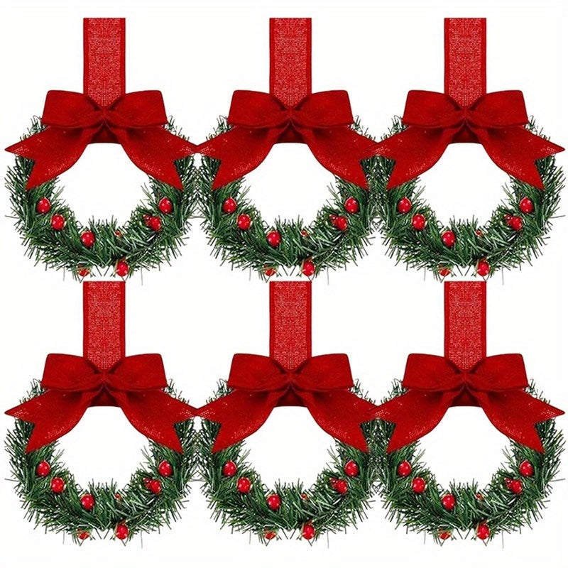 6pcs Christmas Kitchen Cabinet Mini Wreaths Hanging Ornaments With Bow & Berries, 5.12 Inch Mini Christmas Wreath Small Kitchen Xmas Decor, Artificial Hanging Garlands For Window/ Cabinet/ Chair/ Door/ Staircase