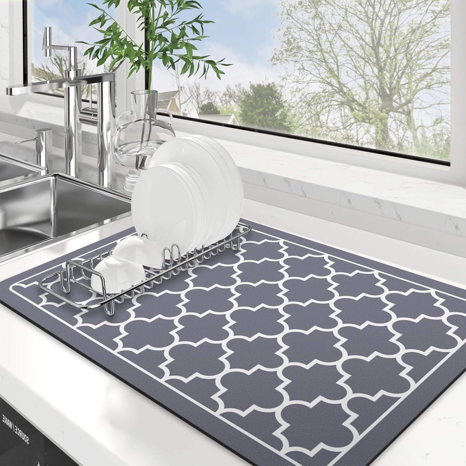 Dish Drying Mat Super Absorbent Drying Mat Large Dish Drying Mats for Kitchen Counter Easy Clean Dish Mat Kitchen Drying Mat15"X 18" Stylish Grey