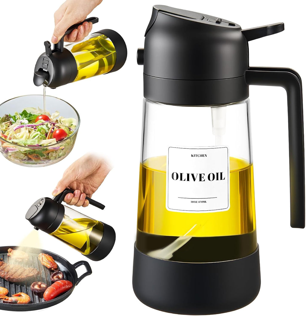 Oil Dipenser Bottle with Silicone Bottom, 2 in 1 Olive Oil Sprayer and Dispenser, Oil Spray Bottle 470ML/ 16OZ for Cooking, Kitchen, BBQ, Air Fryer, Salad, Baking(1Pc Black)