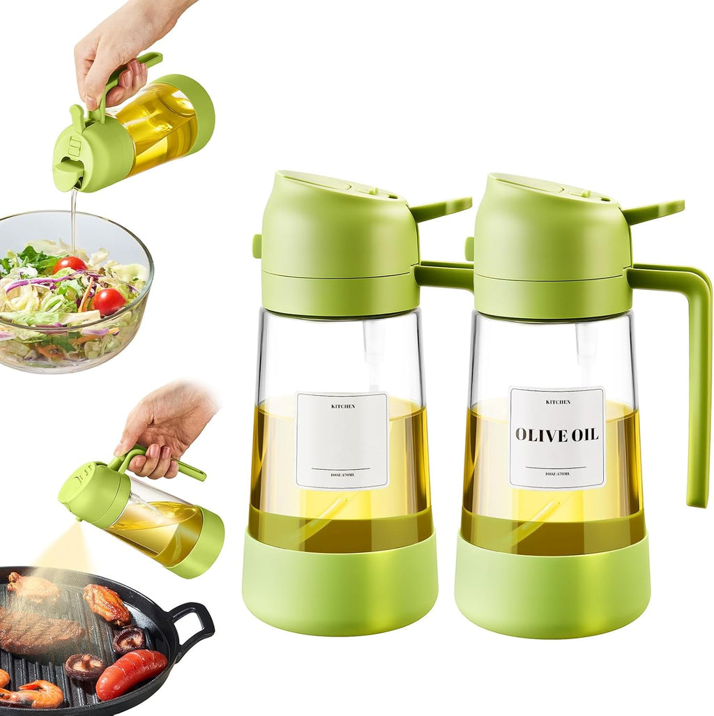 Oil Dipenser Bottle with Silicone Bottom, 2 in 1 Olive Oil Sprayer and Dispenser, Oil Spray Bottle 470ML/ 16OZ for Cooking, Kitchen, BBQ, Air Fryer, Salad, Baking(1Pc Black)