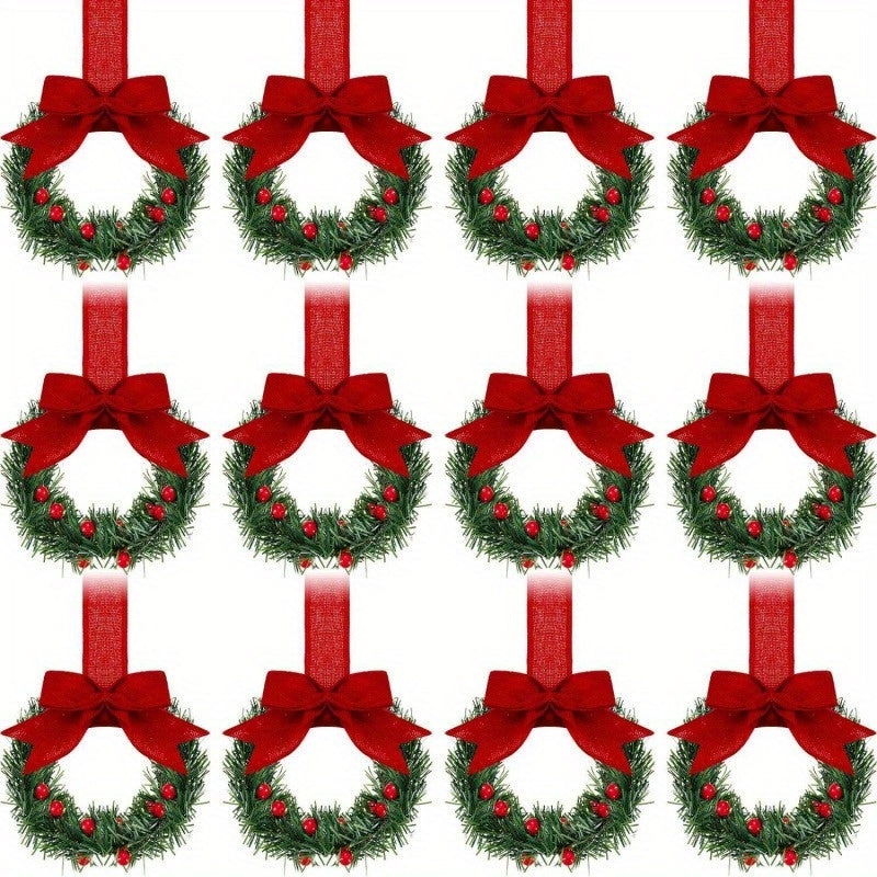 6pcs Christmas Kitchen Cabinet Mini Wreaths Hanging Ornaments With Bow & Berries, 5.12 Inch Mini Christmas Wreath Small Kitchen Xmas Decor, Artificial Hanging Garlands For Window/ Cabinet/ Chair/ Door/ Staircase