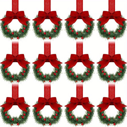 6pcs Christmas Kitchen Cabinet Mini Wreaths Hanging Ornaments With Bow & Berries, 5.12 Inch Mini Christmas Wreath Small Kitchen Xmas Decor, Artificial Hanging Garlands For Window/ Cabinet/ Chair/ Door/ Staircase