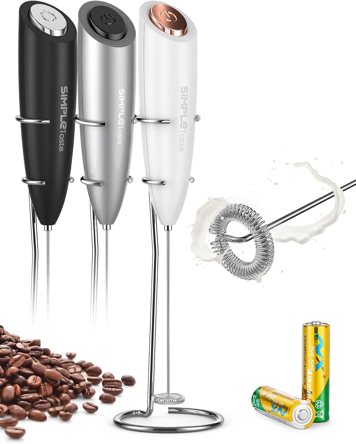 Milk Frother Handheld Electric Foam Maker, Drink Mixer with Stainless Steel Whisk for Cappuccino, Bulletproof Coffee, Latte, Gray, with Stand, Battery Operated