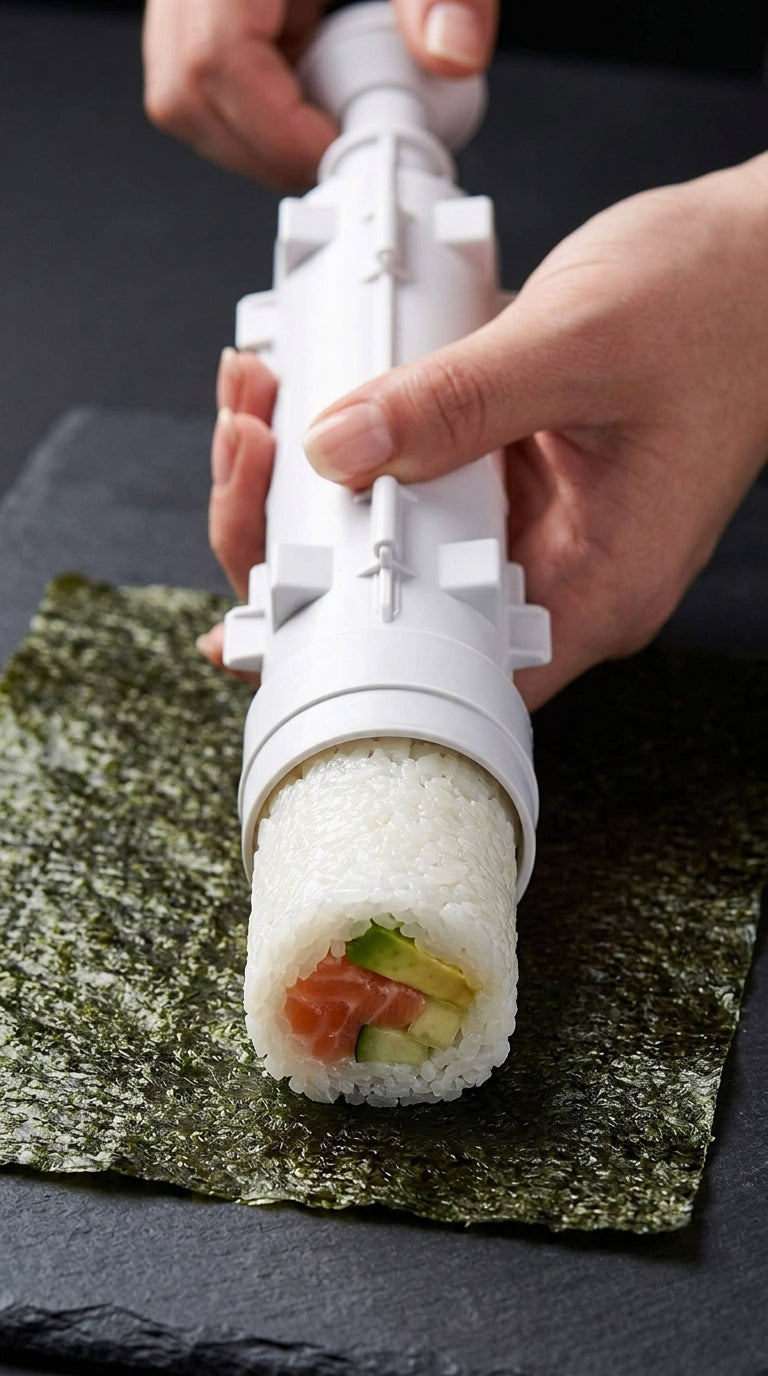 Pressing the sushi bazooka mold onto nori to form the roll