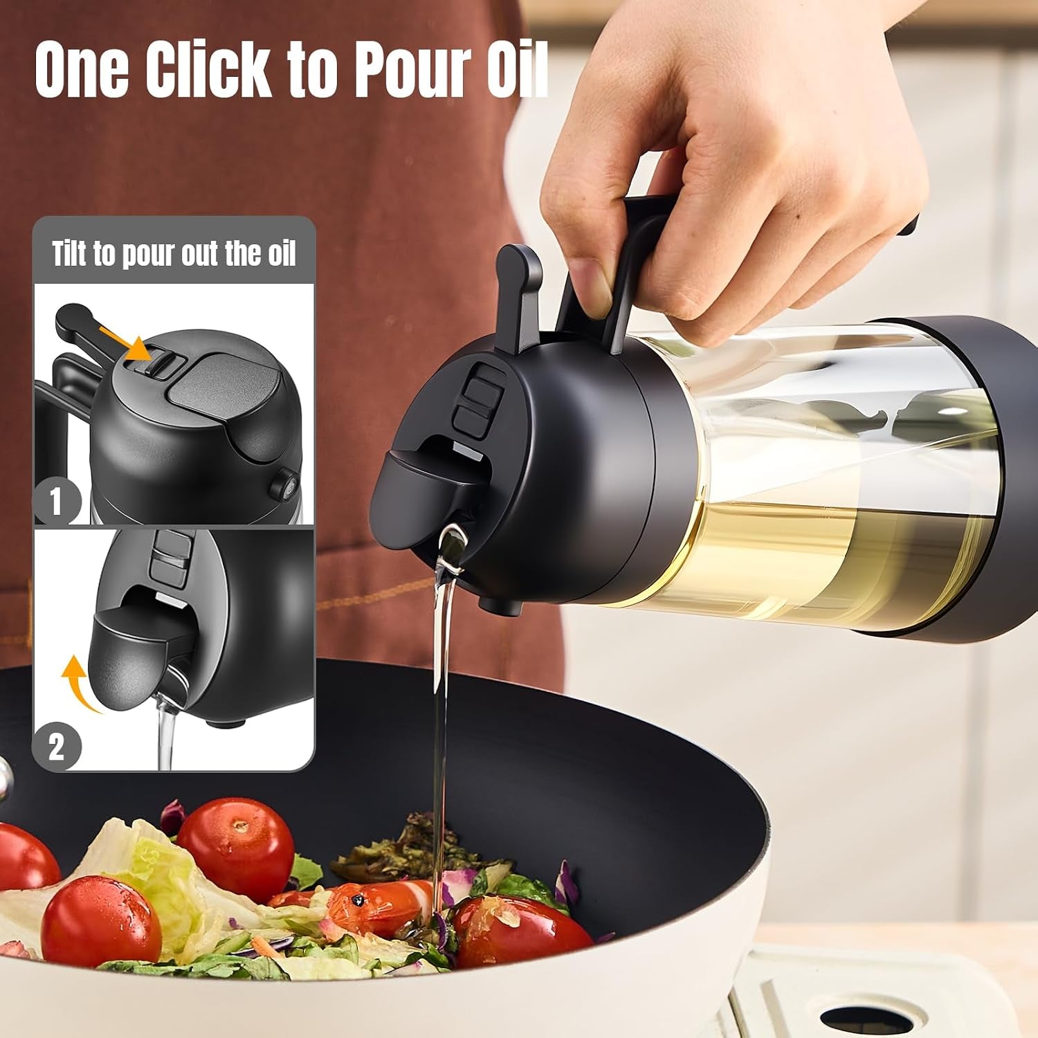 Oil Dipenser Bottle with Silicone Bottom, 2 in 1 Olive Oil Sprayer and Dispenser, Oil Spray Bottle 470ML/ 16OZ for Cooking, Kitchen, BBQ, Air Fryer, Salad, Baking(1Pc Black)