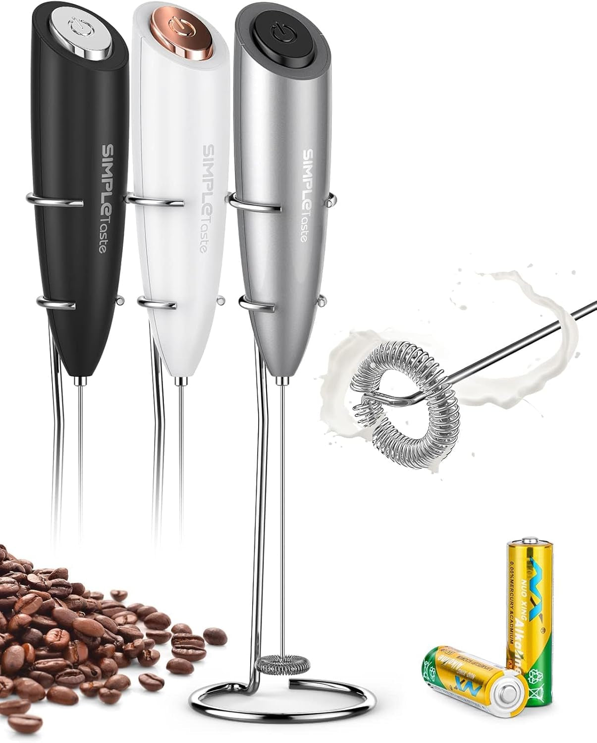 Milk Frother Handheld Electric Foam Maker, Drink Mixer with Stainless Steel Whisk for Cappuccino, Bulletproof Coffee, Latte, Gray, with Stand, Battery Operated