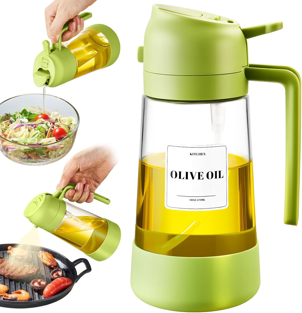 Oil Dipenser Bottle with Silicone Bottom, 2 in 1 Olive Oil Sprayer and Dispenser, Oil Spray Bottle 470ML/ 16OZ for Cooking, Kitchen, BBQ, Air Fryer, Salad, Baking(1Pc Black)