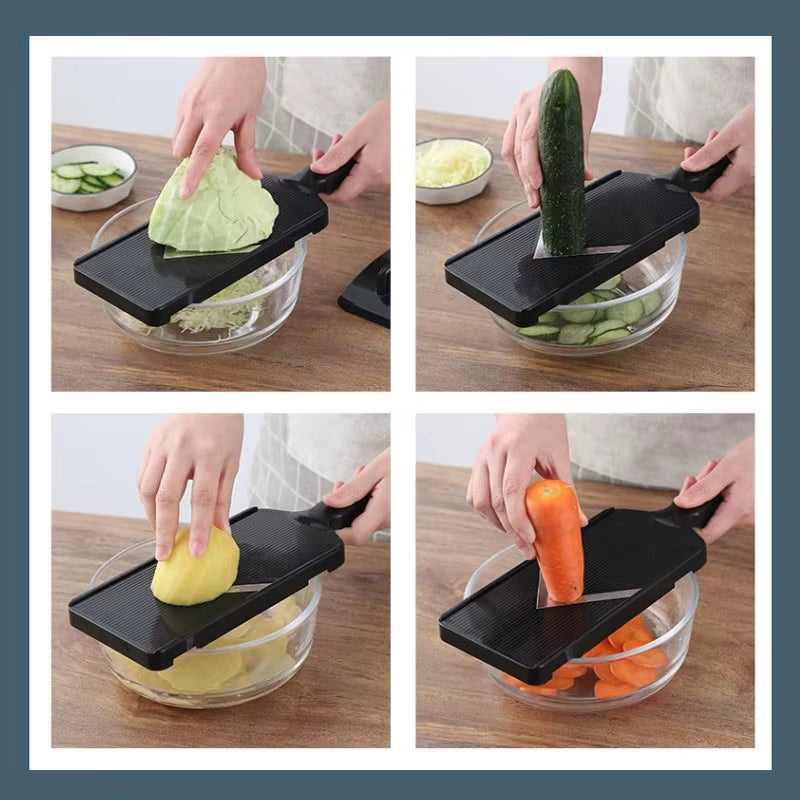 Manual mandoline cutting potatoes for fries — kitchen prep tool