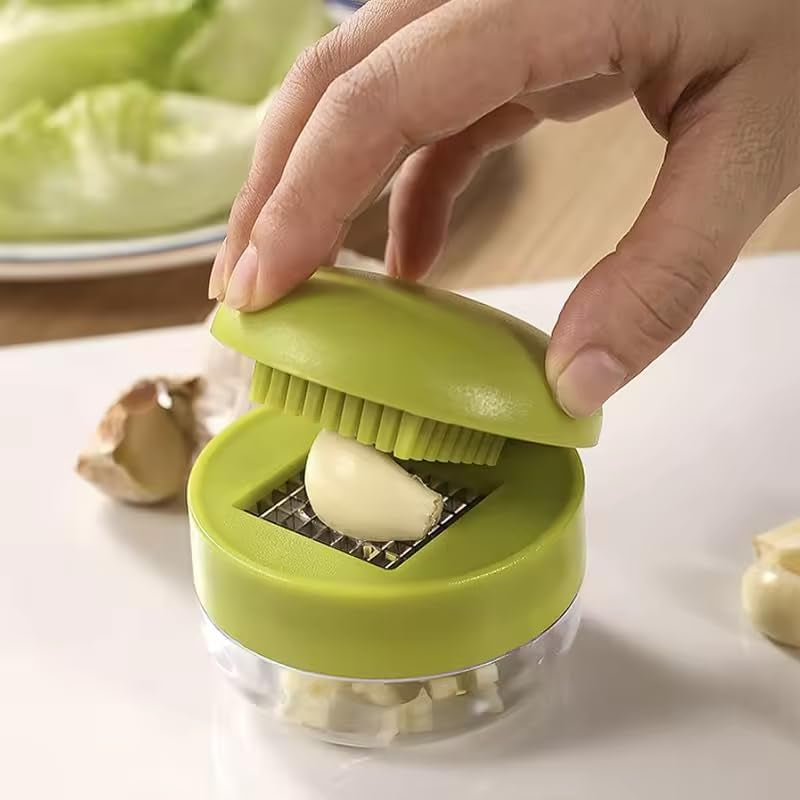 Mini Garlic Chopper and Press with Container,  Manual Garlic Mincer Crusher Cutter Grinder, Stainless Steel Blades, Handheld Garlic Slicer Dicer Zoom Tool – Green