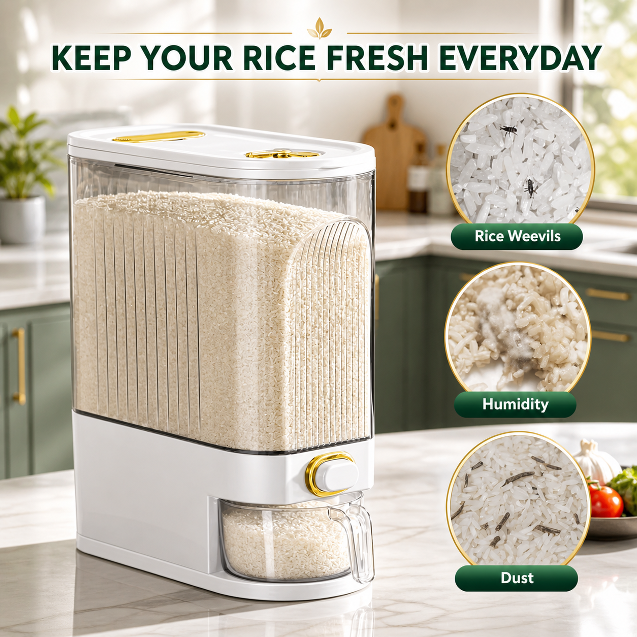 Airtight Rice Dispenser 5kg/10kg — Pantry Storage Container with Measuring Cup & Time Markings