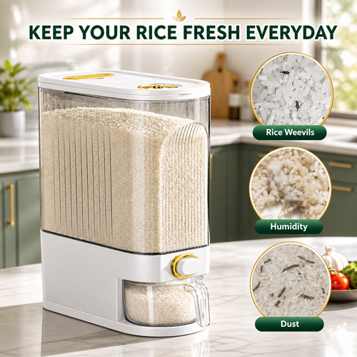 Airtight Rice Dispenser 5kg/10kg — Pantry Storage Container with Measuring Cup & Time Markings