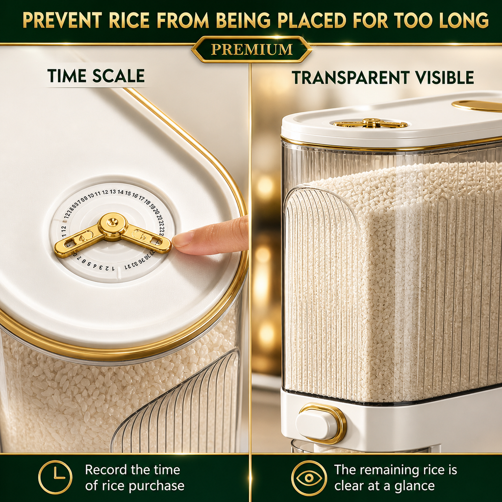 Airtight Rice Dispenser 5kg/10kg — Pantry Storage Container with Measuring Cup & Time Markings